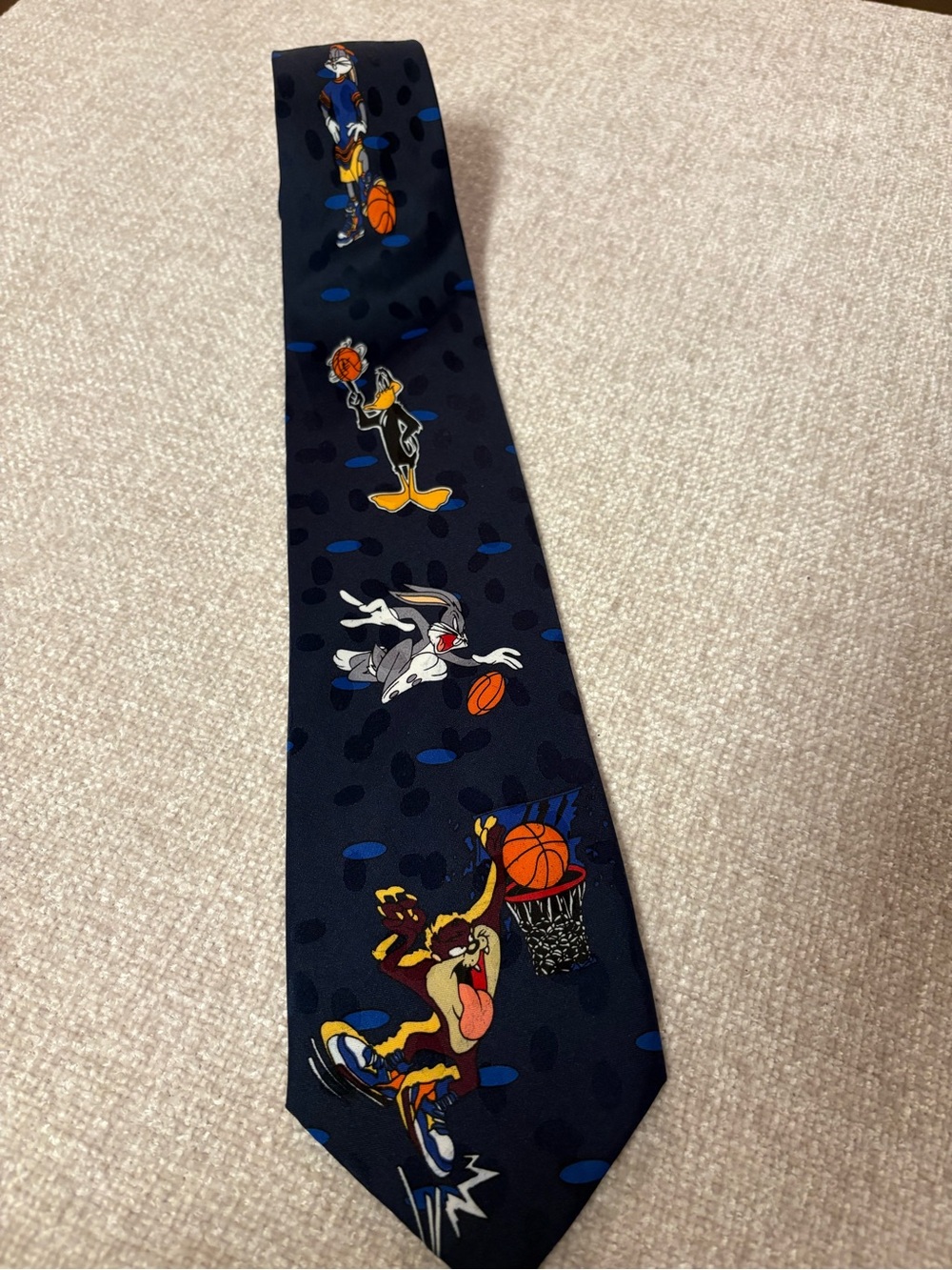 Vintage Looney Tunes Mania Basketball Character Tie - Navy with Cartoon Prints